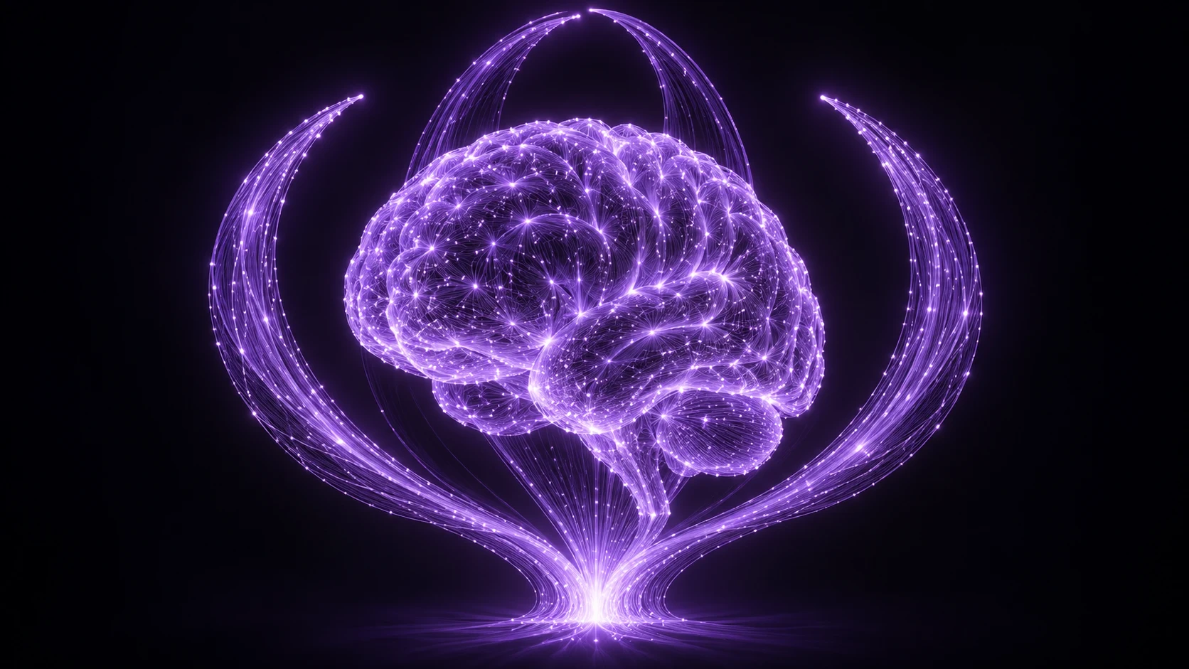 A luminous violet brain held freely within open arcs woven from many strands of light.