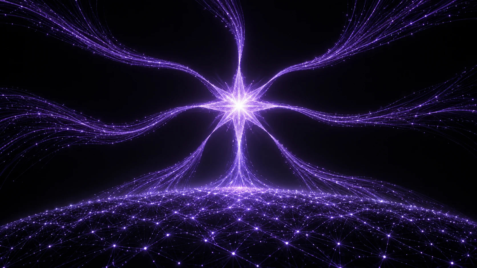 Many violet streams of light converge into one radiant point above a connected field.
