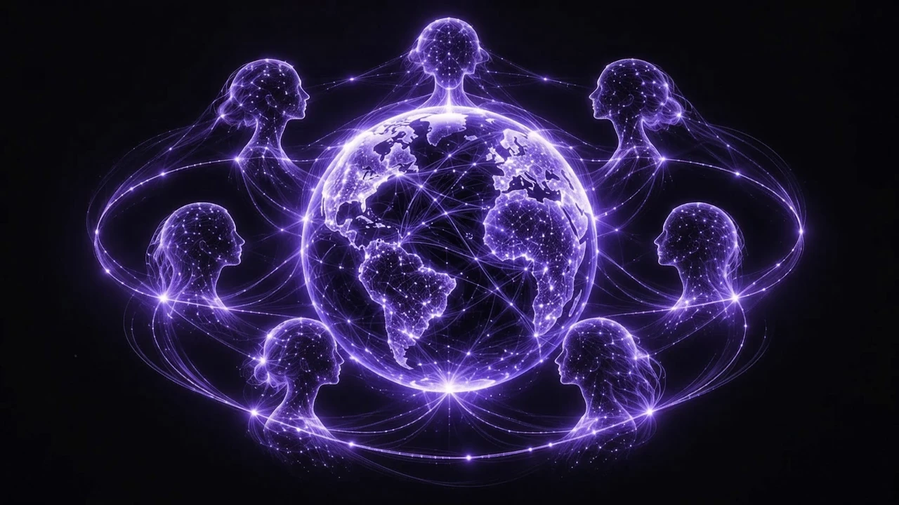Violet constellations of human profiles connected around a luminous Earth.